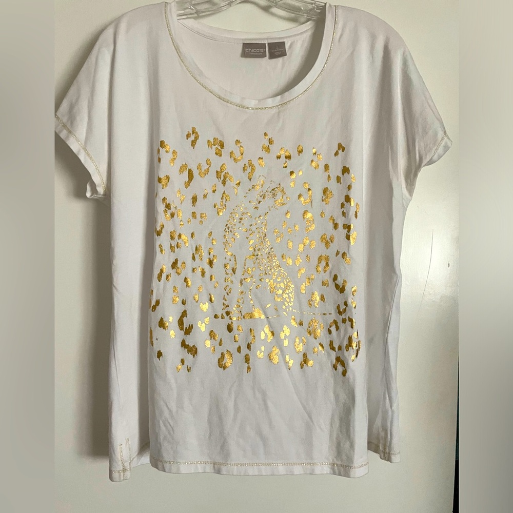 Size 12 white with gold spots & cheetah tee.